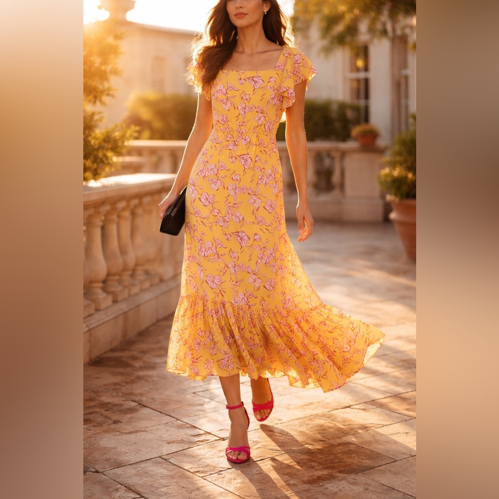 Sachin & Babi Yellow Floral Maxi Dress Flutter Sleeve Sz 6